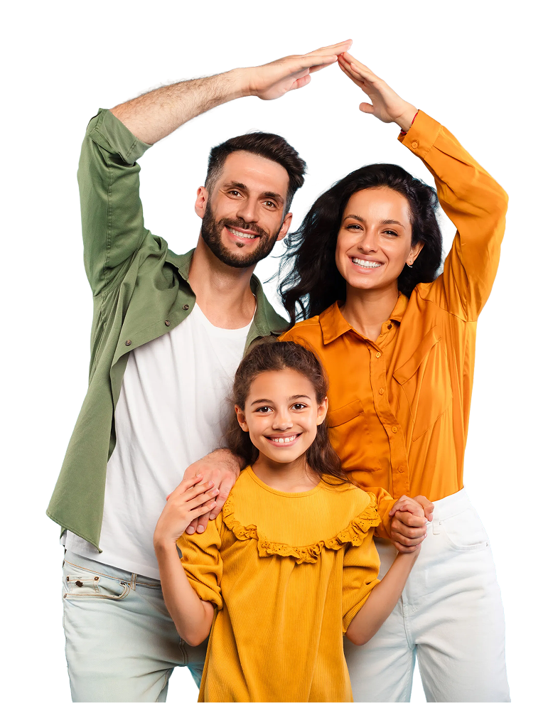 Three family members smiling together while making a protective roof gesture with their hands.