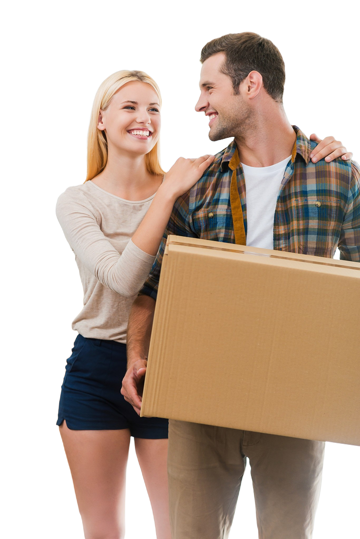 Smiling young couple holding a cardboard moving box together