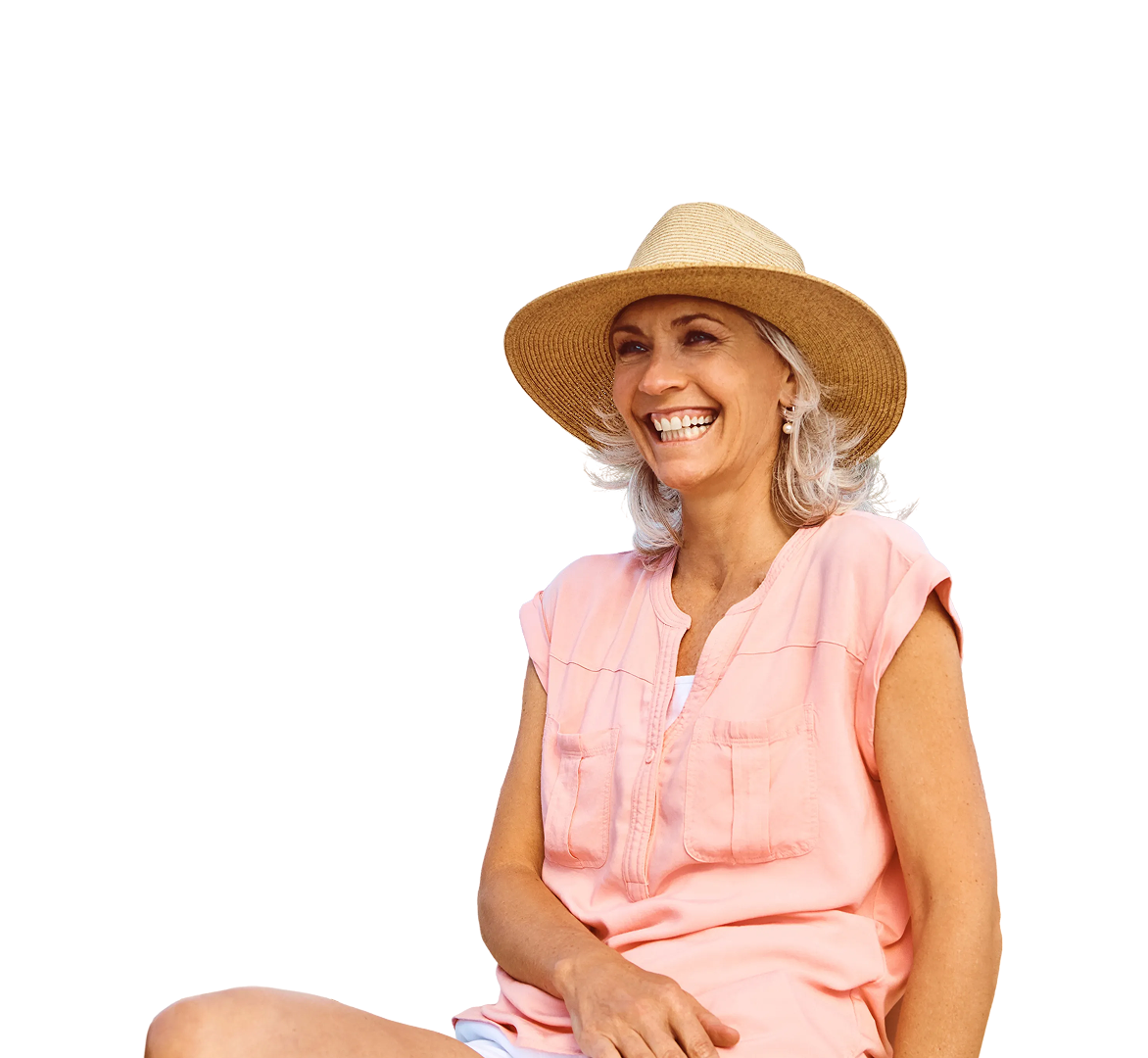 Happy senior woman with grey hair wearing a straw hat and smiling against a transparent background