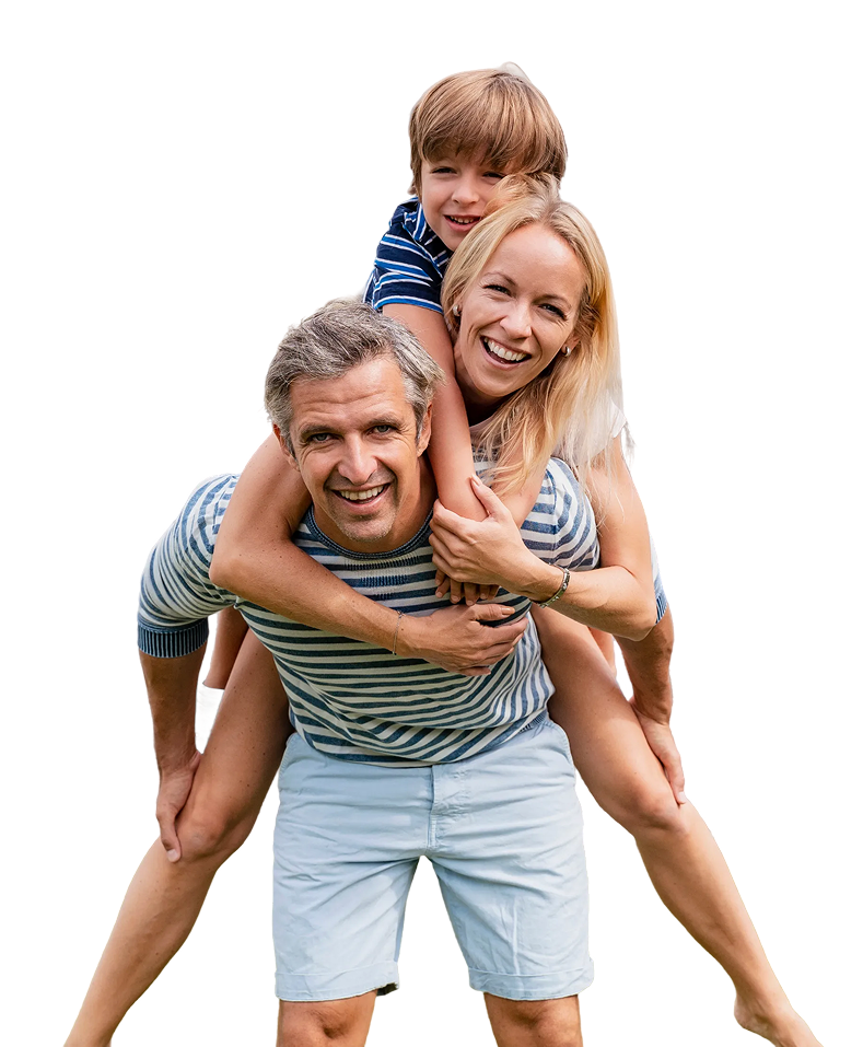 Happy smiling family of three enjoying a piggyback ride together against a transparent background
