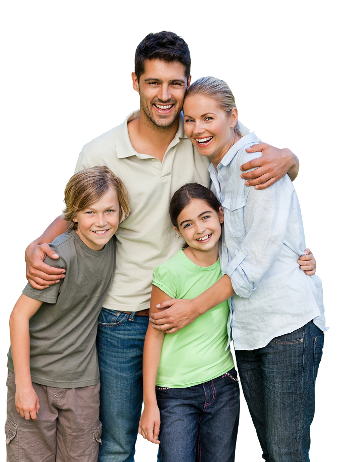 Happy smiling family of four standing together against a white background