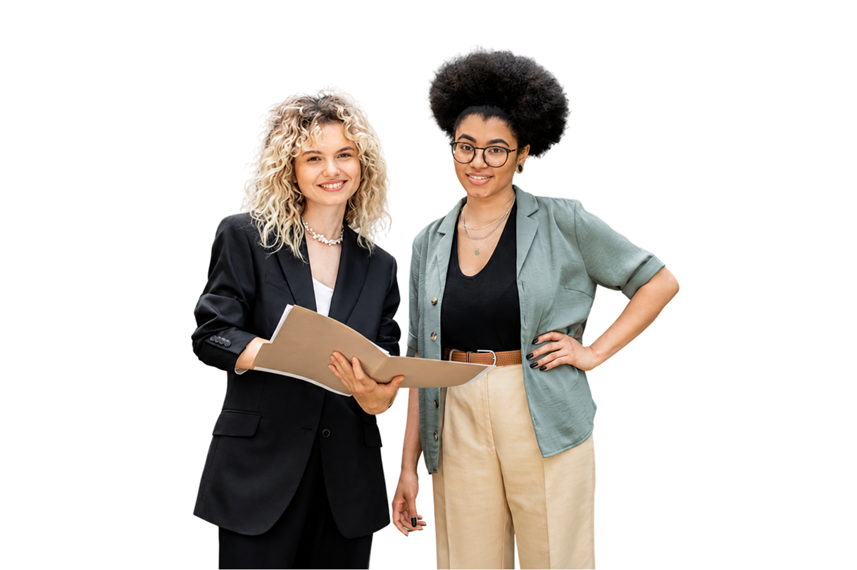 Two smiling female professionals holding a folder together against a transparent background